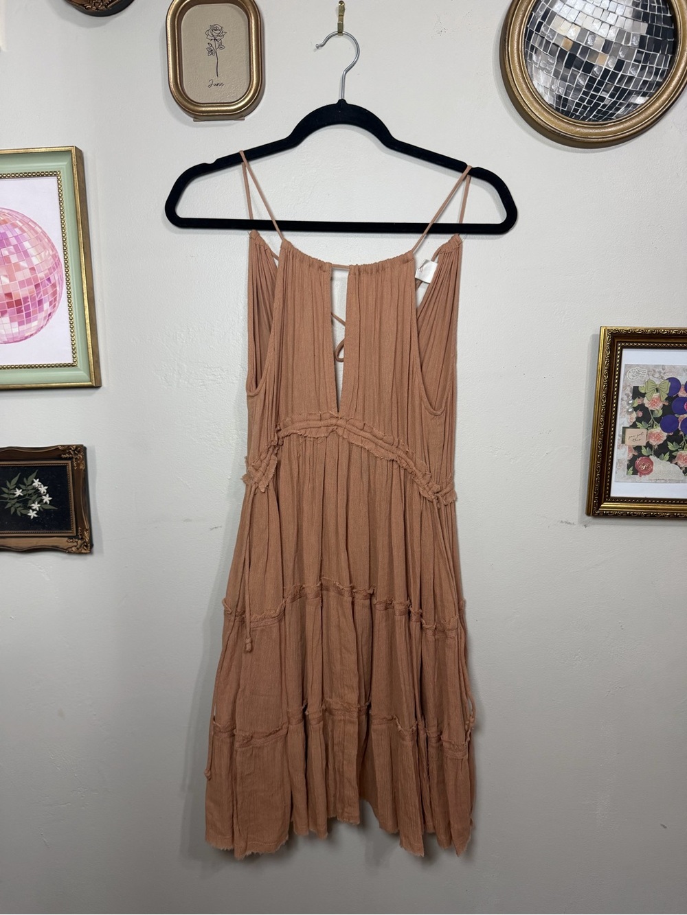 Sun & Shadow Tiered Spaghetti-Strap Mini Dress in Light Brown
